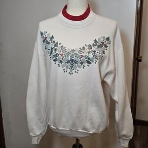 Womens‎ 90s Vintage White Red Floral Grannycore Christmas Crewneck Sweatshirt M